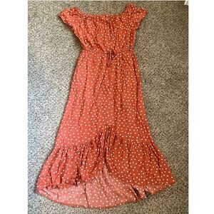 Indigo Rose Dress Womens PS Rust Polka Dot Off Shoulder High Low Ruffle Boho